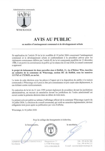 Avis au public: projet de lotissement de deux parcelles sises à Hoffelt