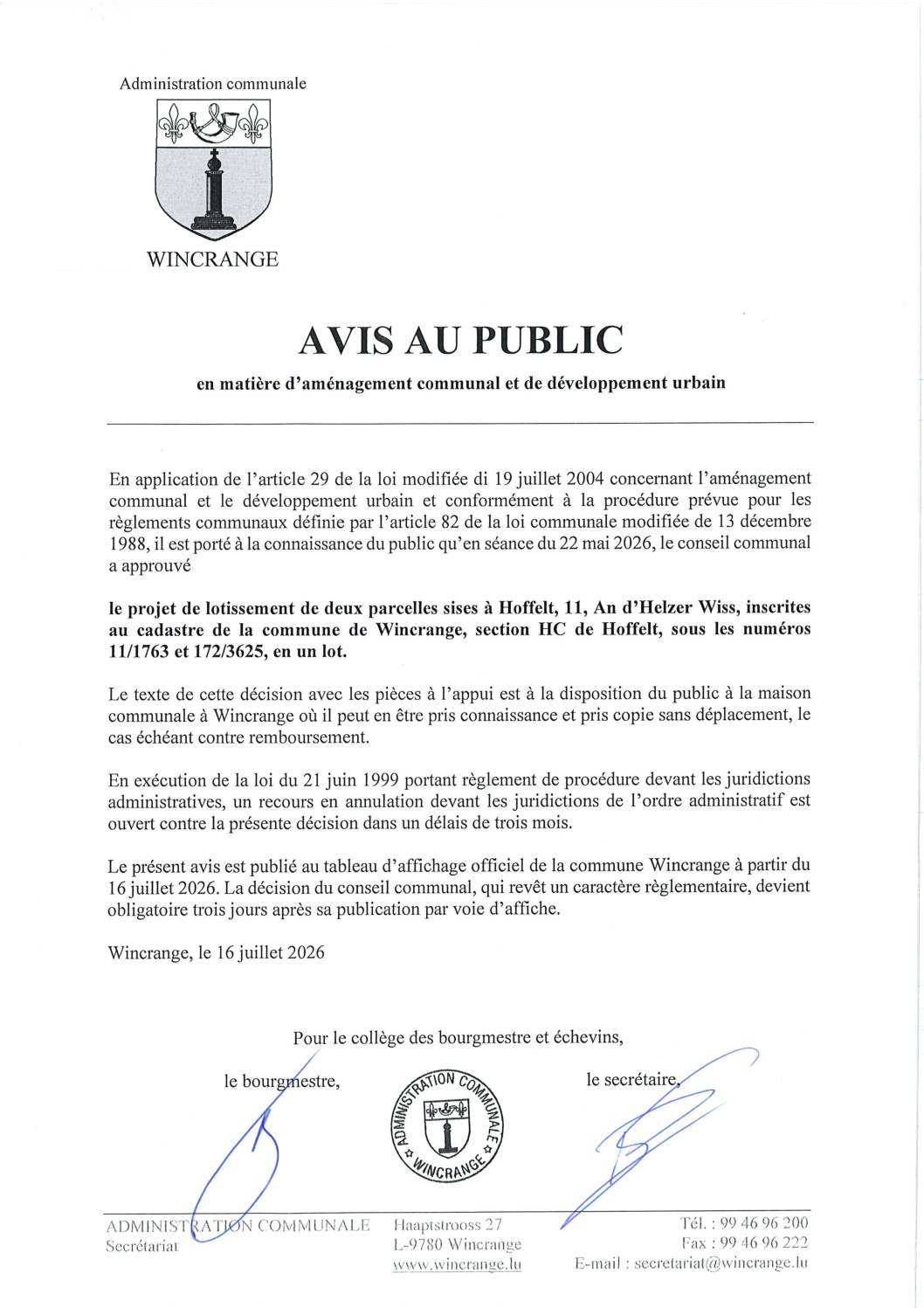 Avis au public: projet de lotissement de deux parcelles sises à Hoffelt
