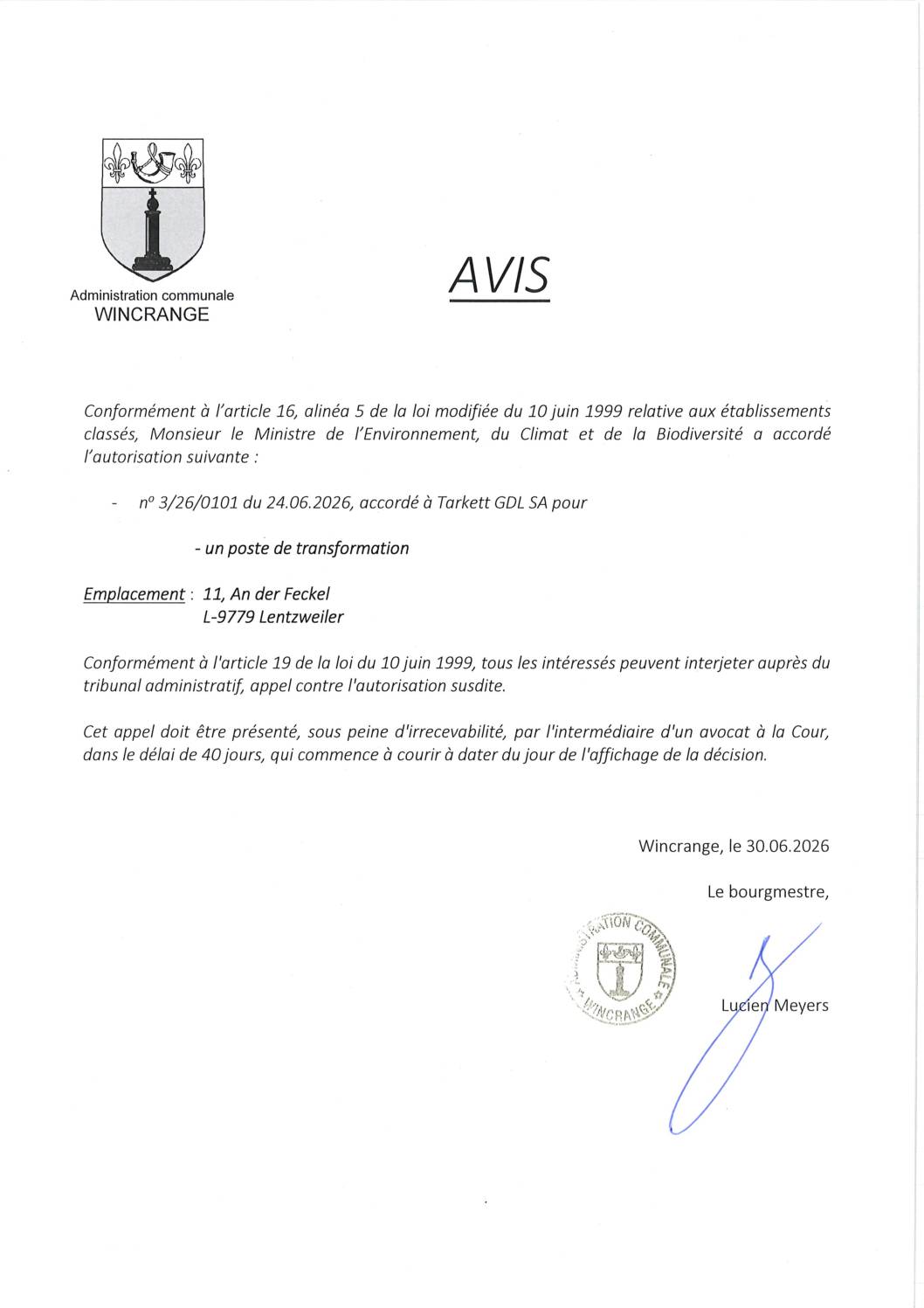 Avis: poste de transformation à Lentzweiler