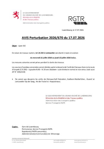 RGTR: perturbations sur la ligne 161 du 22 au 23 juillet 2026