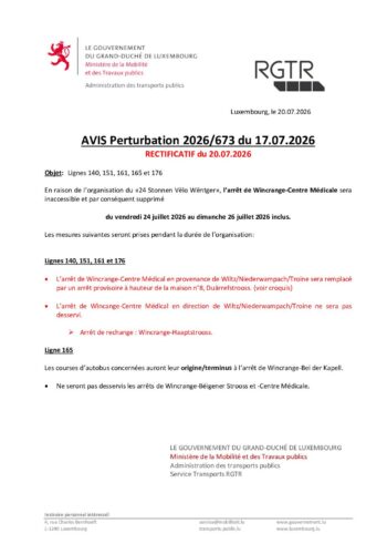 RGTR: perturbations sur les lignes 140, 151, 161, 176 et 165 du 24 au 26 juillet 2026