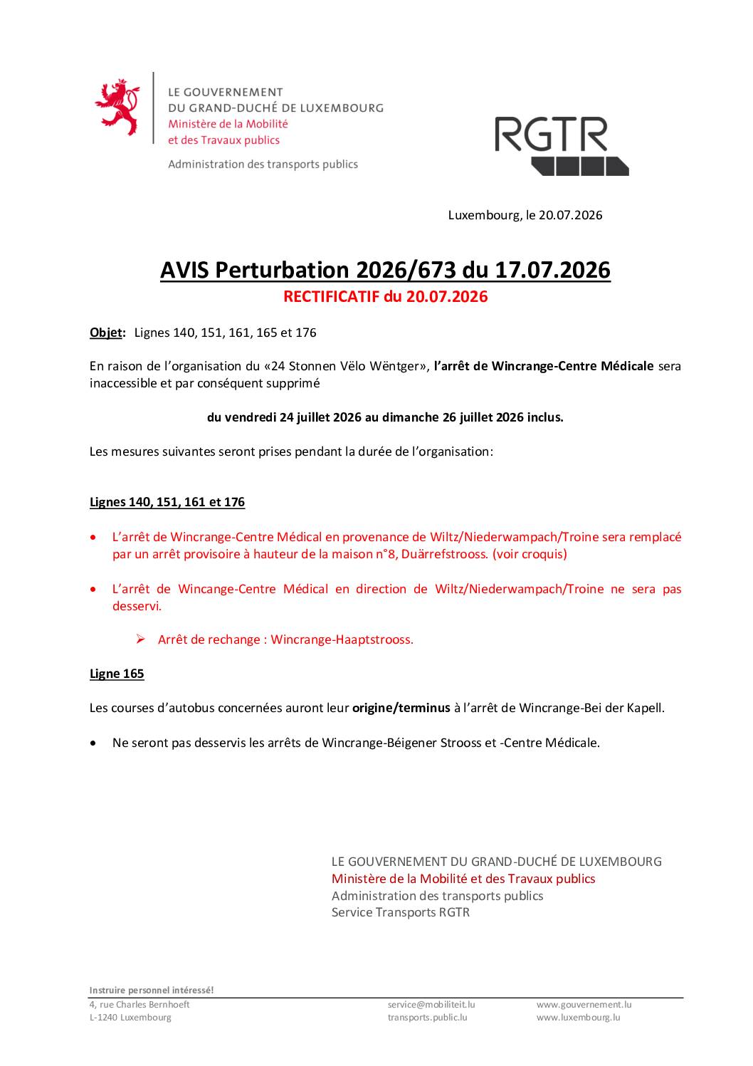 RGTR: perturbations sur les lignes 140, 151, 161, 176 et 165 du 24 au 26 juillet 2026