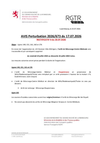 RGTR: perturbations sur les lignes 140, 151, 161, 176 et 165 du 24 au 26 juillet 2026