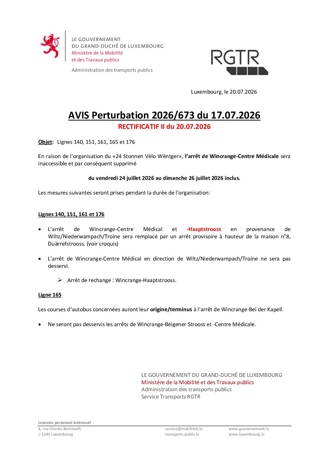 RGTR: perturbations sur les lignes 140, 151, 161, 176 et 165 du 24 au 26 juillet 2026