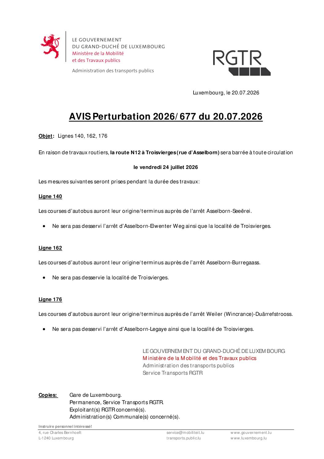 RGTR: perturbations sur les lignes 140, 160 et 176 le 24 juillet 2026