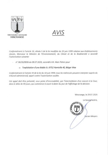 Avis: exploitation d'une étable à Hamiville