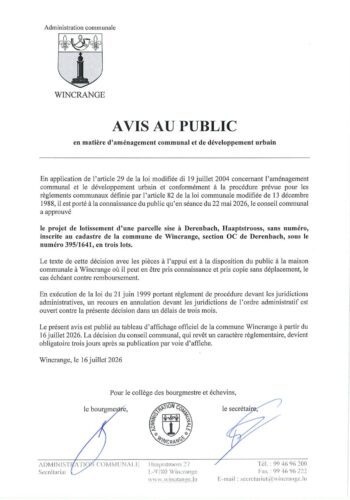 Avis au public: projet de lotissement d'une parcelle sise à Derenbach
