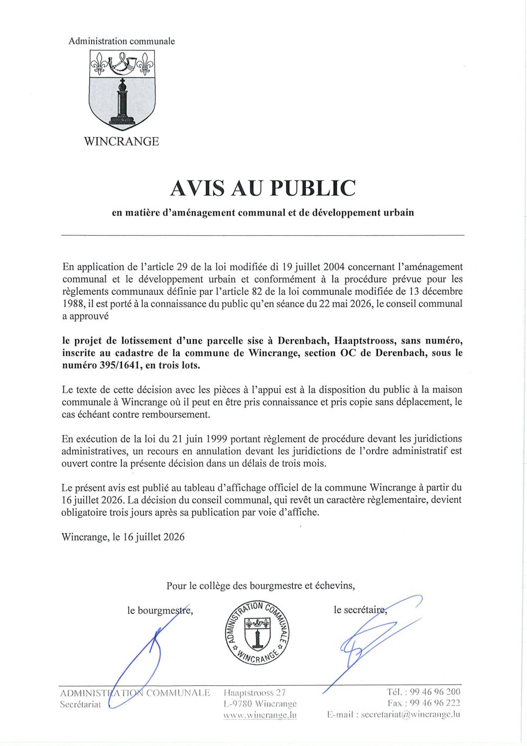 Avis au public: projet de lotissement d&rsquo;une parcelle sise à Derenbach