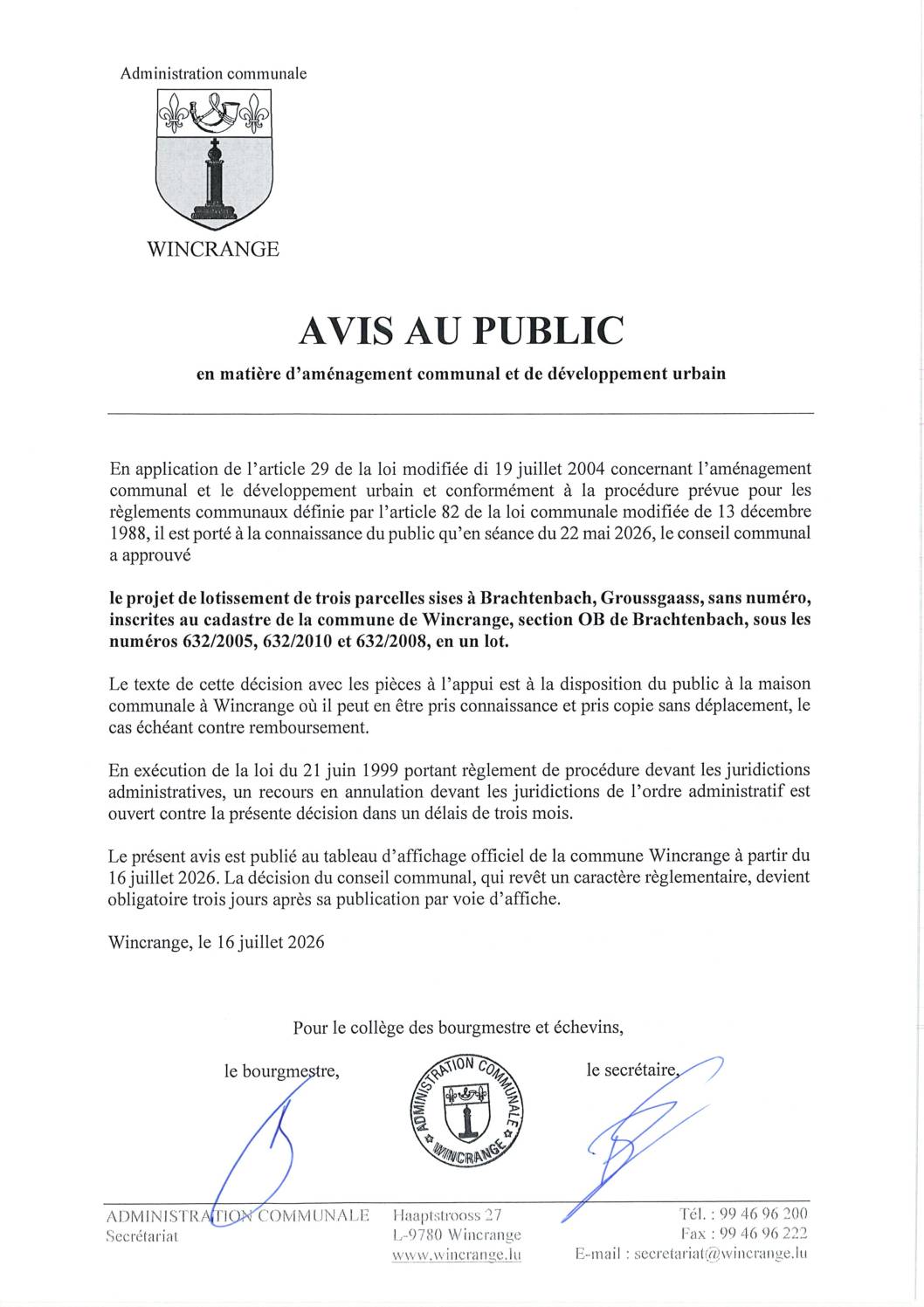 Avis au public: projet de lotissement de trois parcelles sises à Brachtenbach