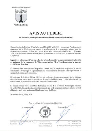 Avis au public: projet de lotissement d'une parcelle sise à Asselborn
