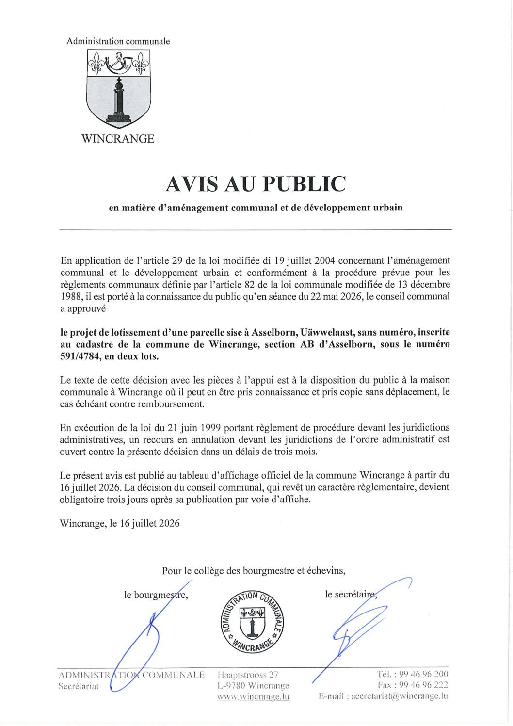 Avis au public: projet de lotissement d&rsquo;une parcelle sise à Asselborn