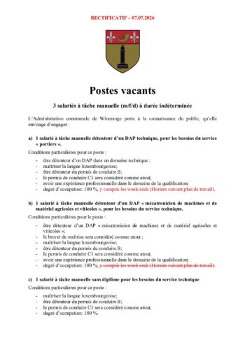Postes vacants: 3 salariés à tâche manuelle (m/f/d) à durée indéterminée