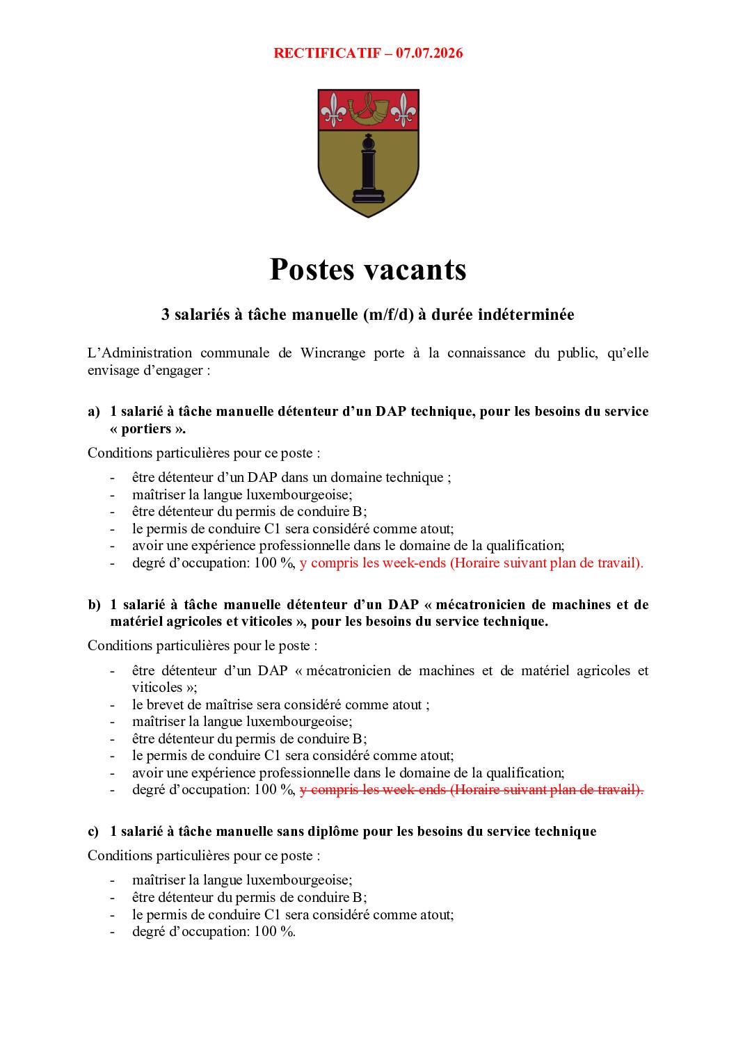 Postes vacants: 3 salariés à tâche manuelle (m/f/d) à durée indéterminée
