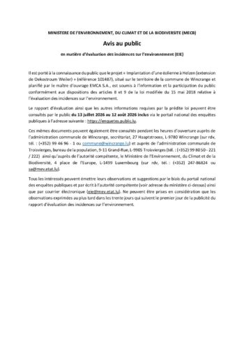 Avis au public: implantation d'une éolienne à Hachiville (extension de Oekostroum Weiler)