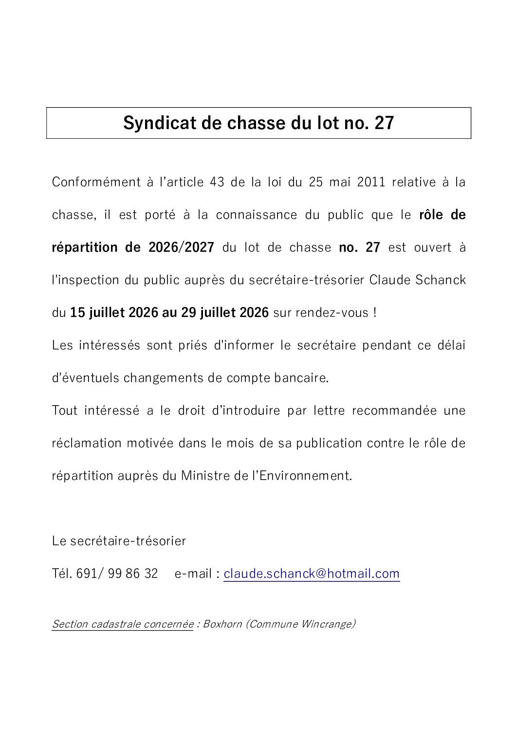 Syndicat de chasse lot 27: rôle de répartition de 2026/2027
