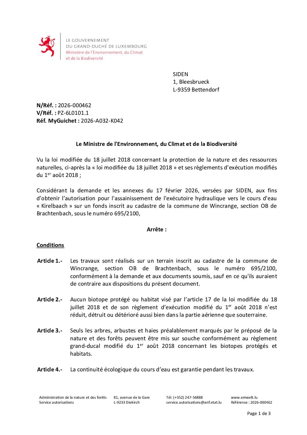 Autorisation: assainissement de l&rsquo;exécutoire hydraulique vers le cours d&rsquo;eau « Kirelbaach » à Brachtenbach