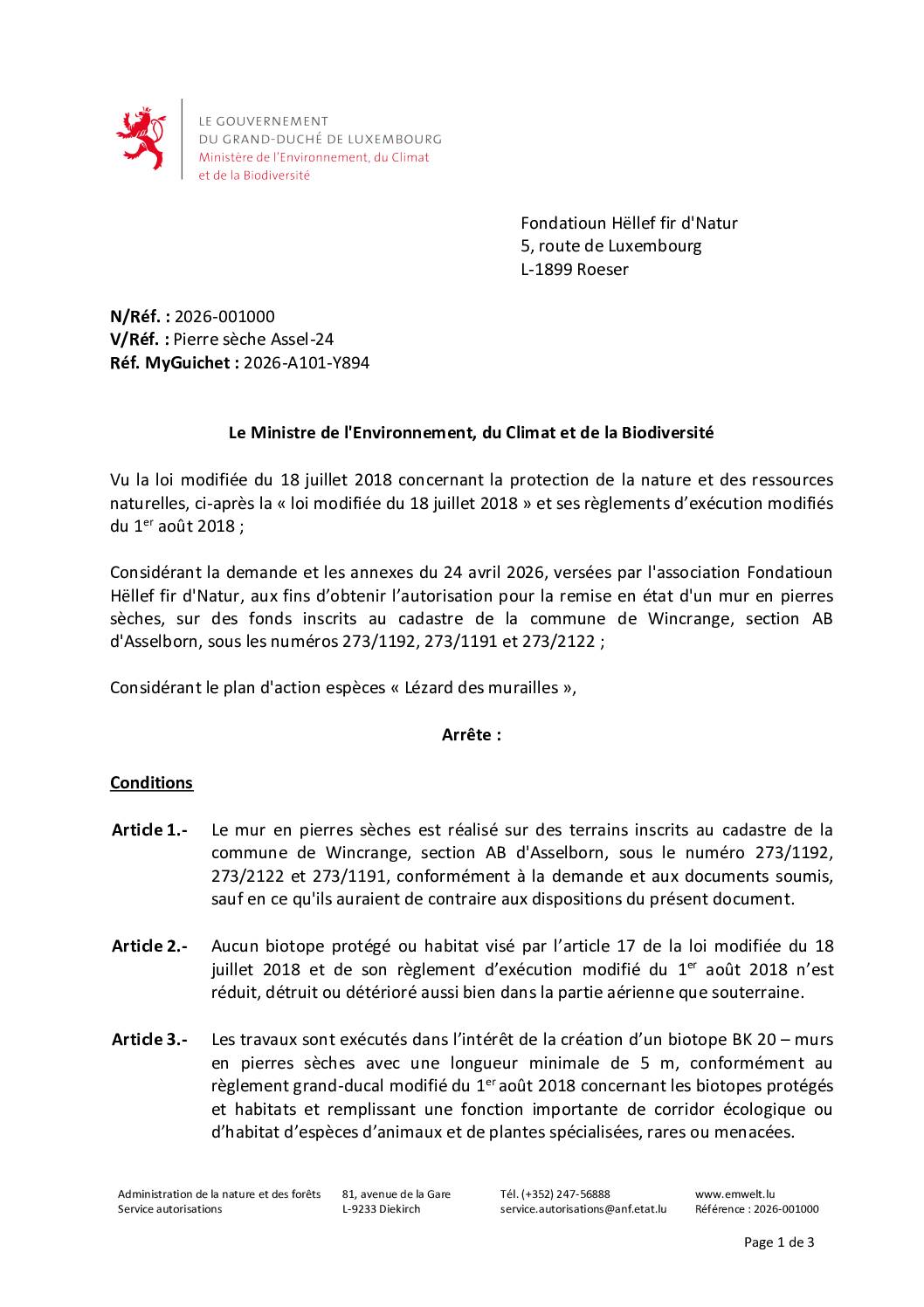 Autorisation: remise en état d&rsquo;un mur en pierres sèches à Asselborn