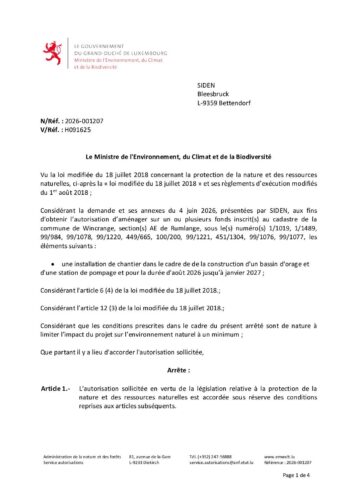 Autorisation: installation de chantier dans le cadre de la construction d'un bassin d'orage et d'une station de pompage à Rumlange