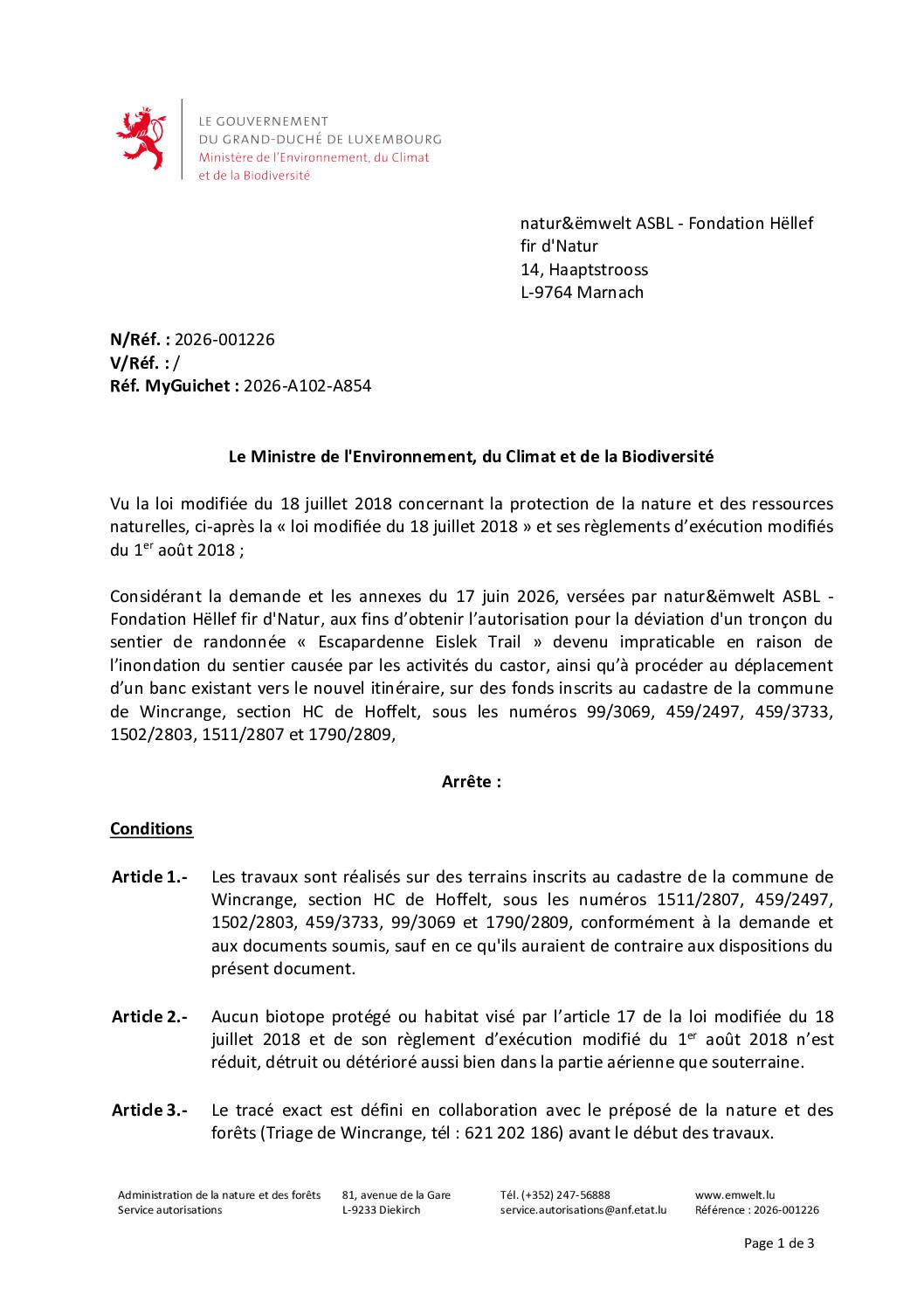 Autorisation: déviation d&rsquo;un tronçon du sentier de randonnée « Escapardenne Eislek Trail »