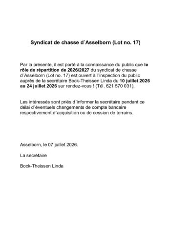 Syndicat de chasse lot 17: rôle de répartition de 2026/2027