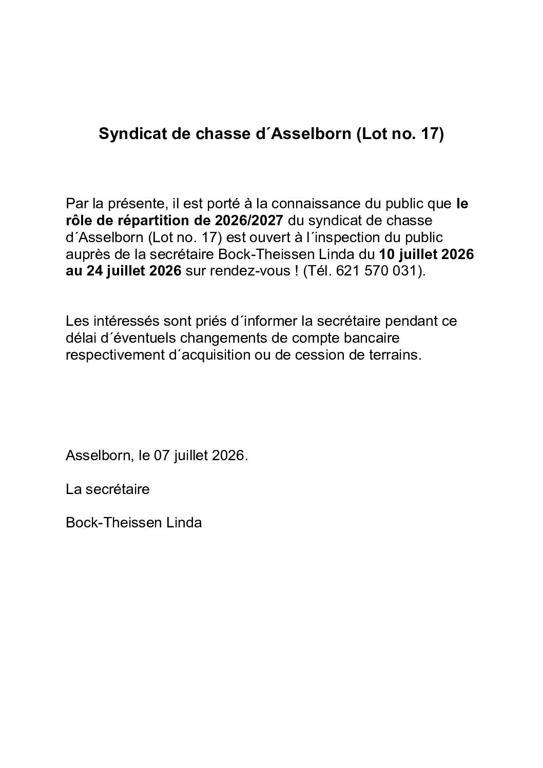 Syndicat de chasse lot 17: rôle de répartition de 2026/2027
