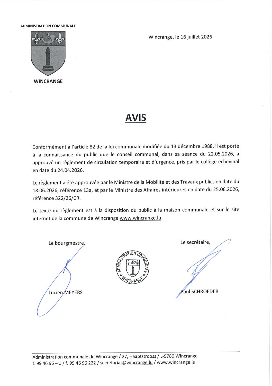 Avis: règlement de circulation temporaire et d&rsquo;urgence