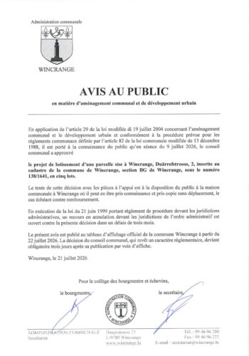 Avis au public: projet de lotissement d'une parcelle sise à Wincrange