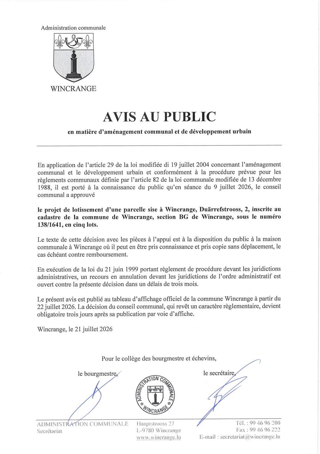 Avis au public: projet de lotissement d&rsquo;une parcelle sise à Wincrange