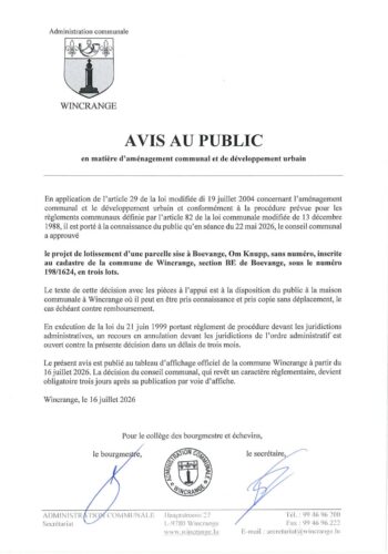 Avis au public: projet de lotissement d'une parcelle sise à Boevange