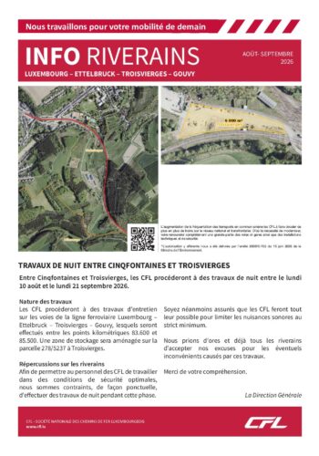 CFL: travaux de nuit entre Cinqfontaines et Troisvierges du 10 août au 21 septembre 2026
