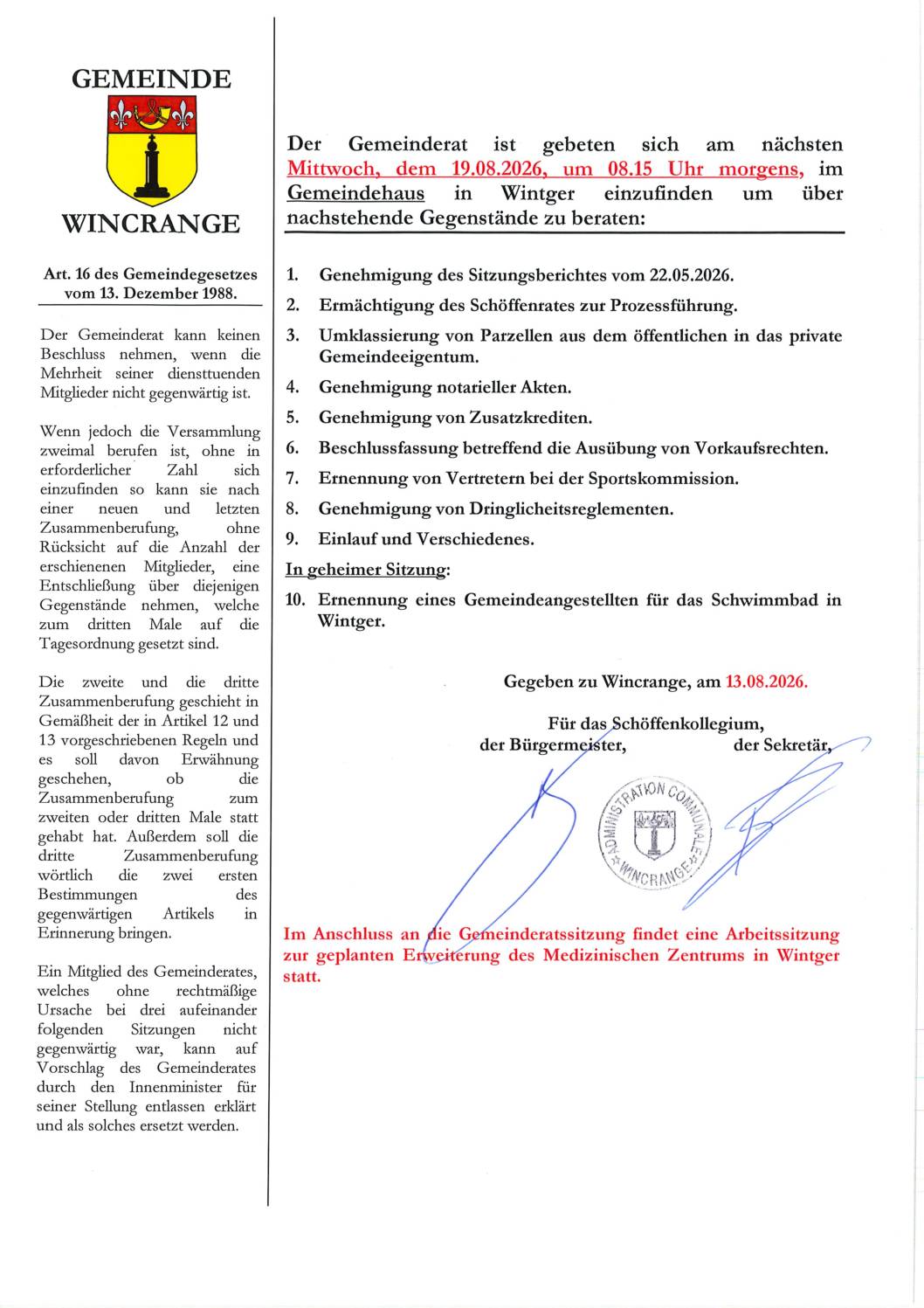 Convocation à la réunion du conseil communal du 19 août 2026