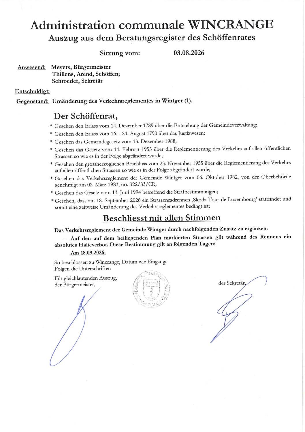 Règlement de circulation: interdiction de stationner dans plusieurs rues, le 18 septembre 2026 (Skoda Tour de Luxembourg)
