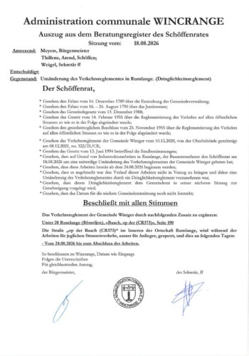 Règlement de circulation: la route "op der Baach" (CR373) à Rumlange, barrée à la circulation à partir du 24 août jusqu'à finalisation des travaux