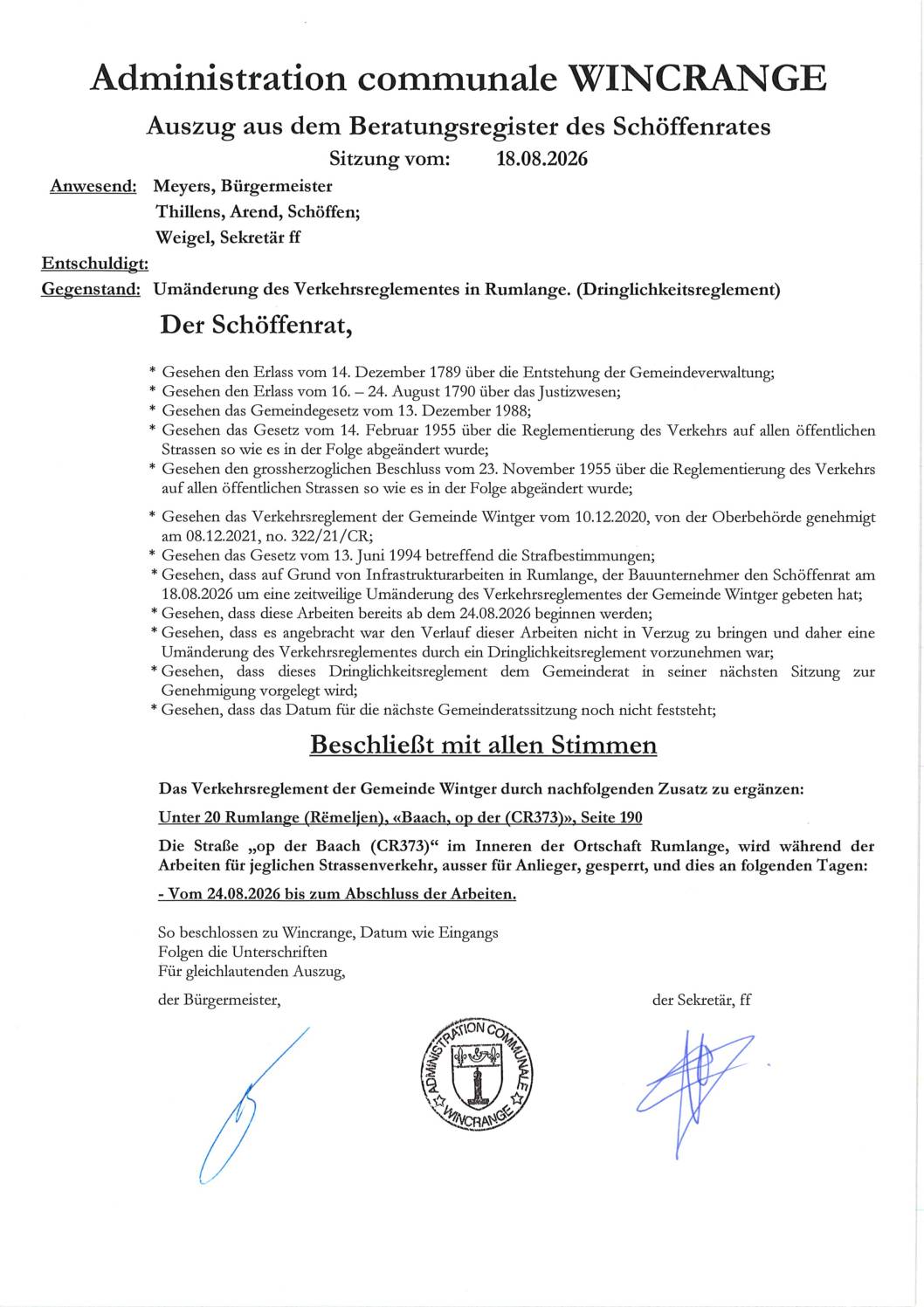 Règlement de circulation: la route « op der Baach » (CR373) à Rumlange, barrée à la circulation à partir du 24 août jusqu&rsquo;à finalisation des travaux
