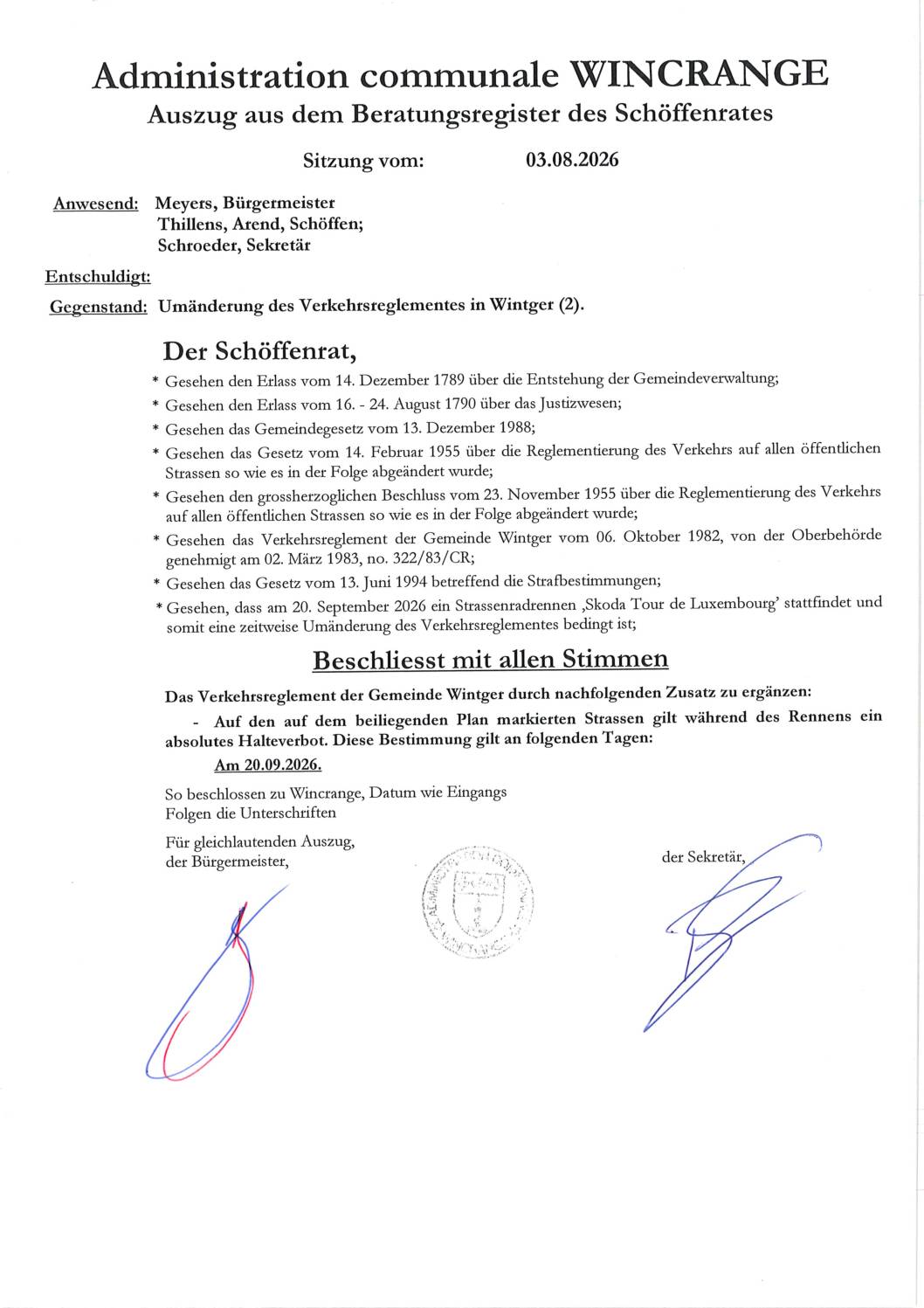 Règlement de circulation: interdiction de stationner dans plusieurs rues, le 20 septembre 2026 (Skoda Tour de Luxembourg)
