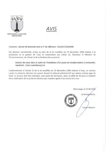 Avis: gestion des eaux dans le cadre de l'installation d'un poste de transformation à Lentzweiler