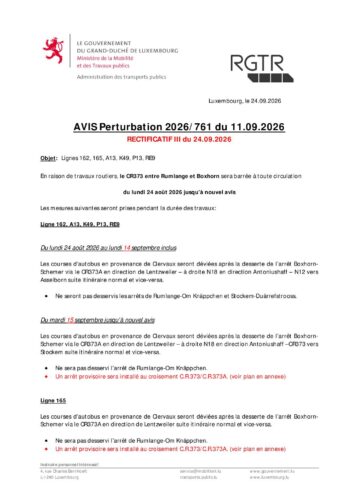 RGTR: perturbation sur les lignes 162, 165, A13, K49, P13 et RE9 à partir du 24 août 2026 jusqu'à nouvel avis, entre Rumlange et Boxhorn
