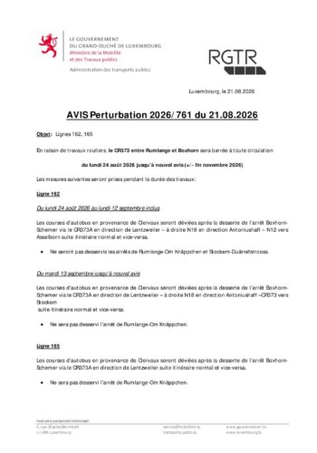 RGTR: perturbation sur les lignes 162 et 165 à partir du 24 août 2026 jusqu'à nouvel avis, entre Rumlange et Boxhorn