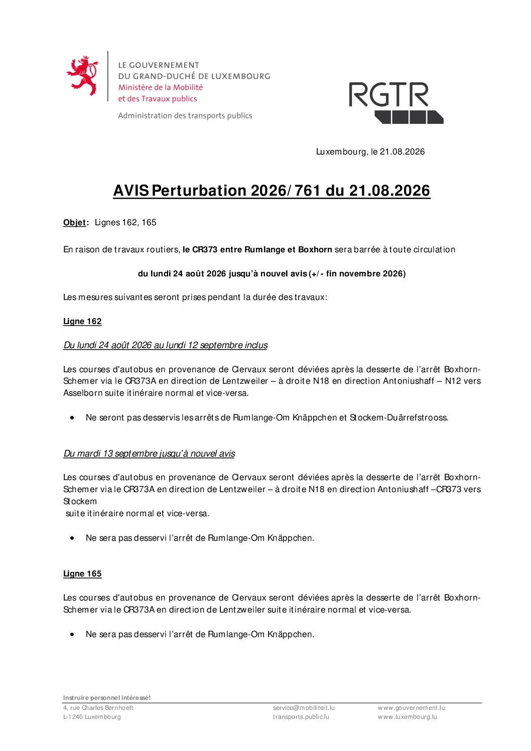 RGTR: perturbation sur les lignes 162 et 165 à partir du 24 août 2026 jusqu&rsquo;à nouvel avis, entre Rumlange et Boxhorn
