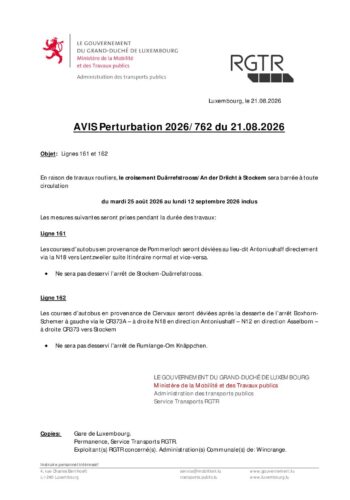 RGTR: perturbations sur les lignes 161 et 162 du 25 août au 12 septembre 2026 à Stockem