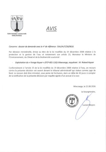 Avis: exploitation du "Forage Kayser" à Boevange