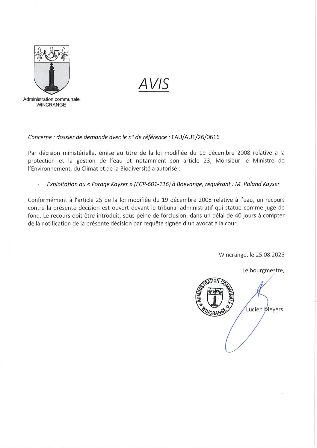 Avis: exploitation du « Forage Kayser » à Boevange