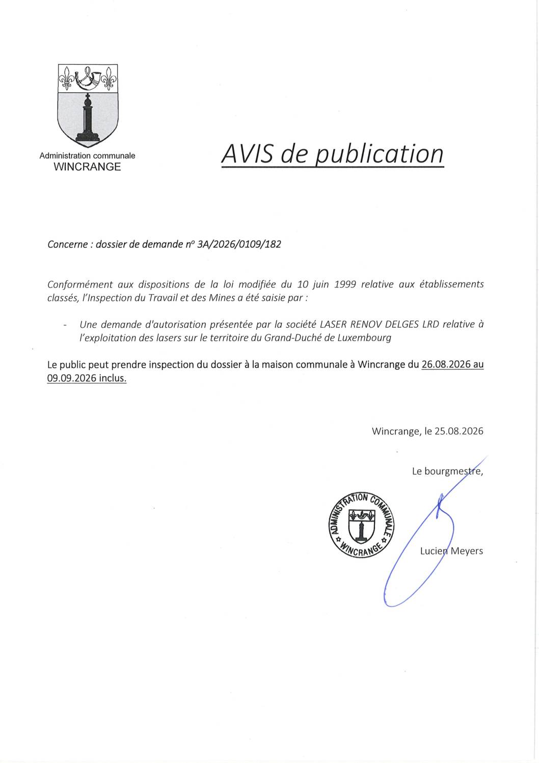Avis de publication: exploitation de lasers