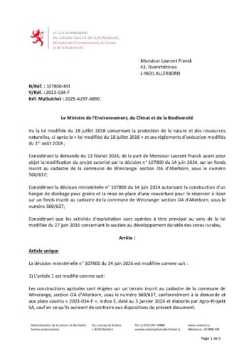 Autorisation: modification de la décision n° 107800 à Allerborn