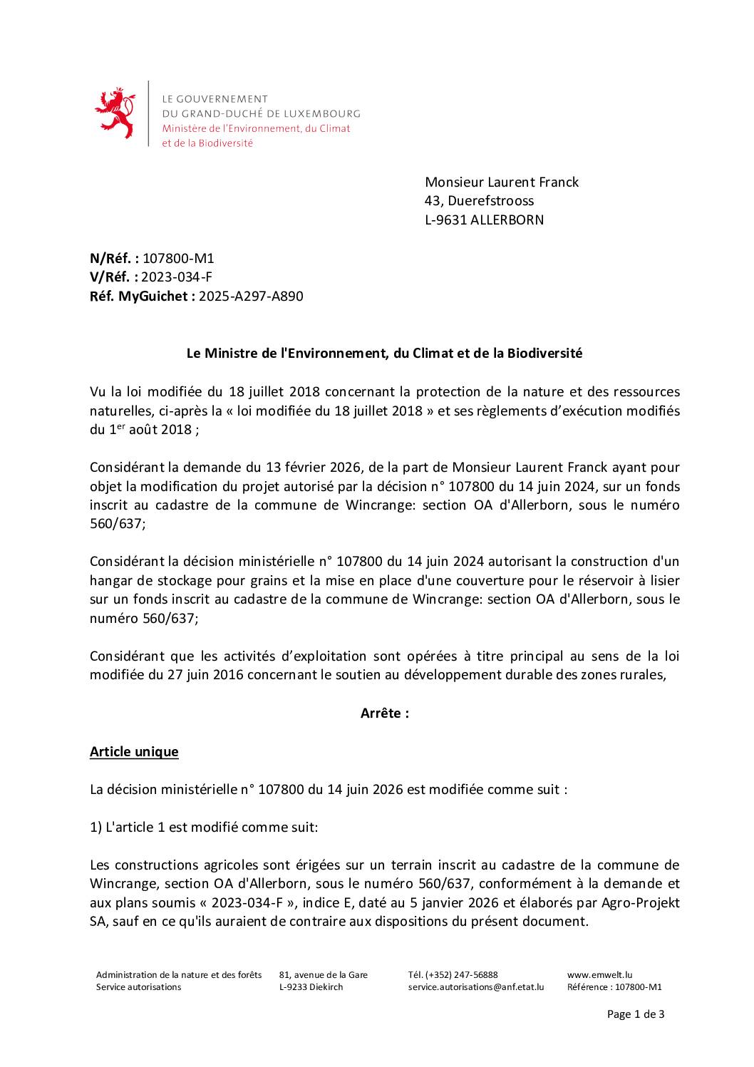 Autorisation: modification de la décision n° 107800 à Allerborn