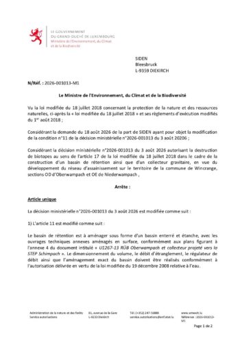 Autorisation: modification de la décision ministérielle n° 2026-001013