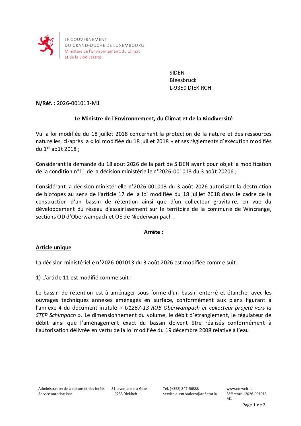 Autorisation: modification de la décision ministérielle n° 2026-001013