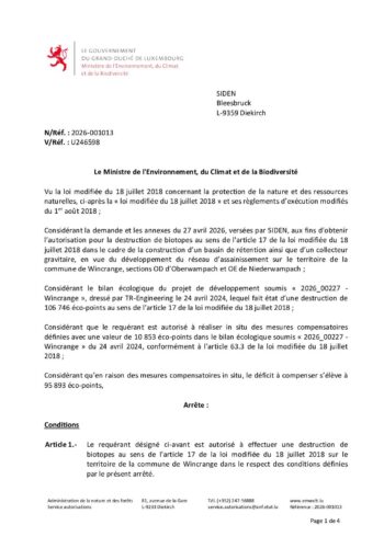 Autorisation: destruction de biotopes pour la construction d'un bassin de rétention et d'un collecteur gravitaire