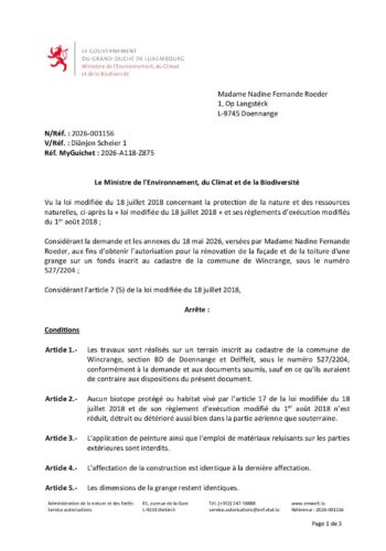 Autorisation: rénovation de la façade et de la toiture d'une grange