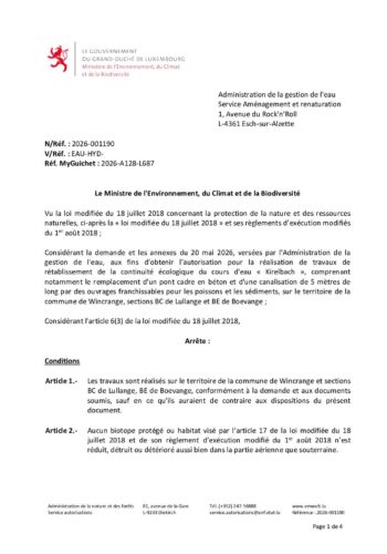 Autorisation: réalisation de travaux de rétablissement de la continuité écologique du cours d'eau "Kirelbach"